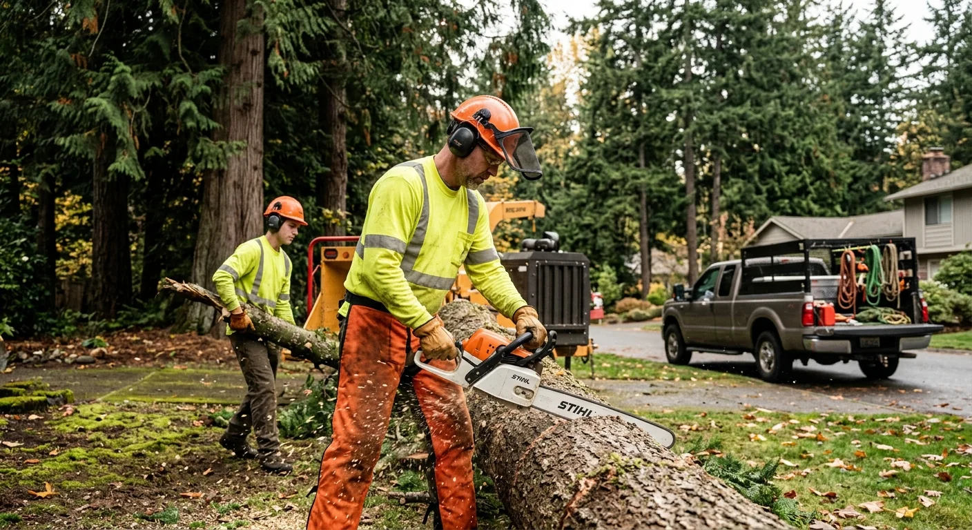 Crew clearing thick brush from a residential lot in Mill Creek