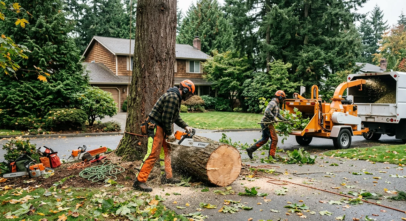 Crew clearing dense undergrowth and chipping brush along a wooded Mill Creek property line