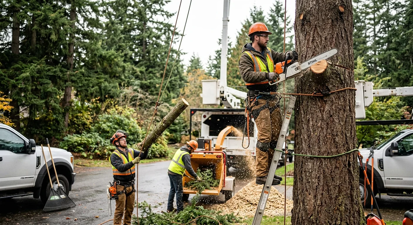 Mill Creek Tree Service crew loading cleared brush into a haul truck on a residential lot