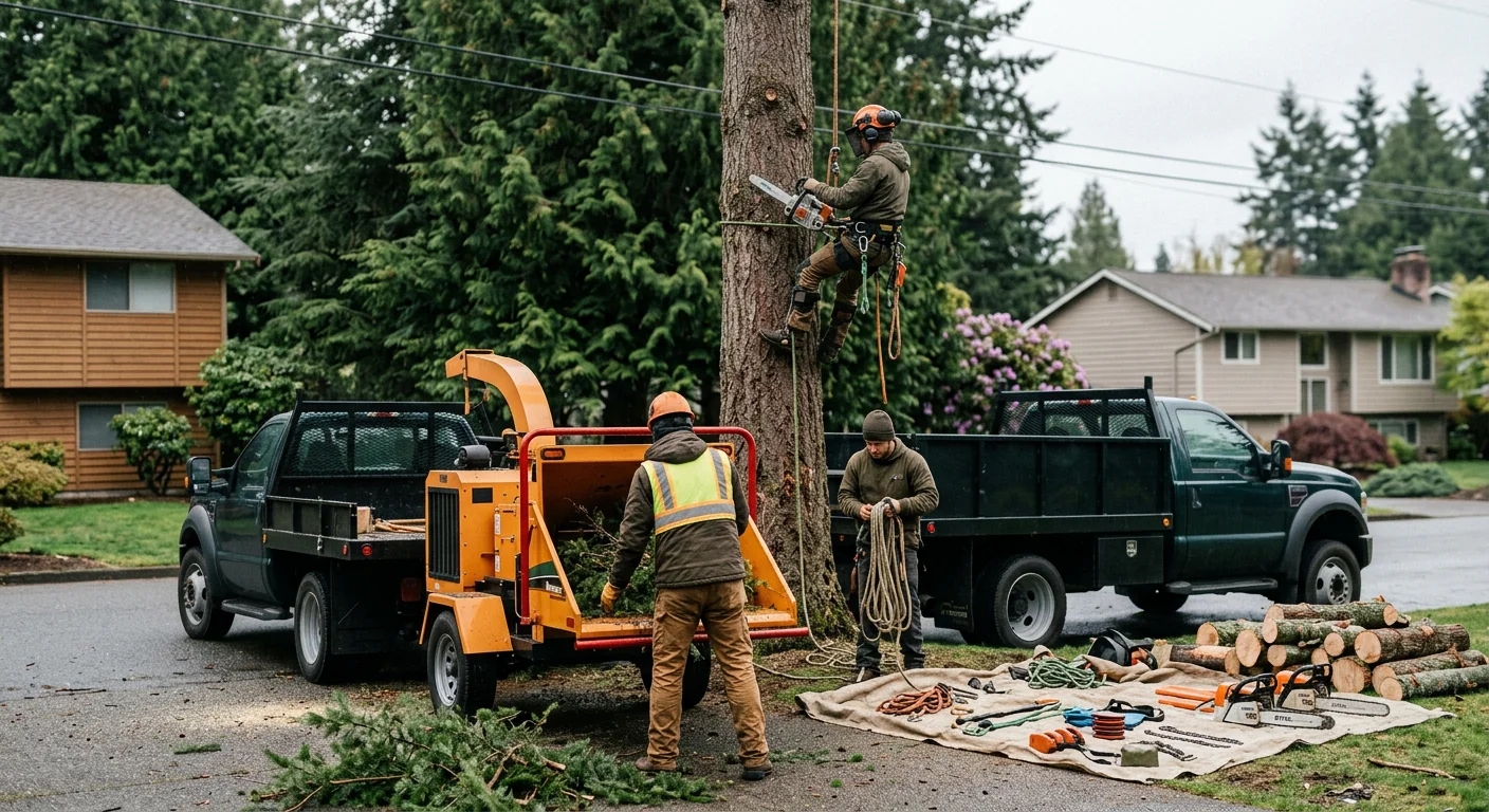 Crane lifting a large tree section over a Mill Creek yard