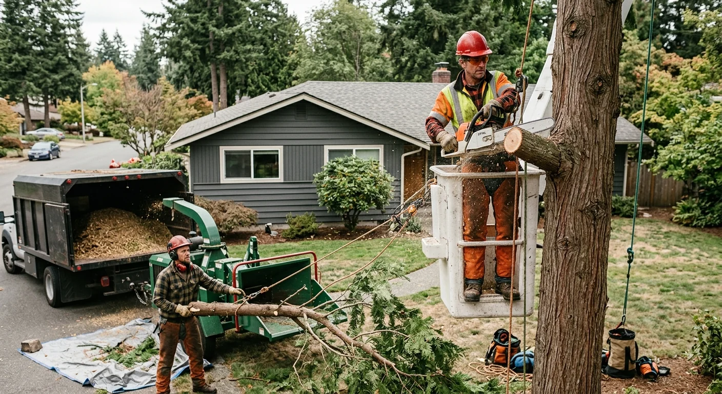 Boom crane lifting a large fir section over a Mill Creek home during removal