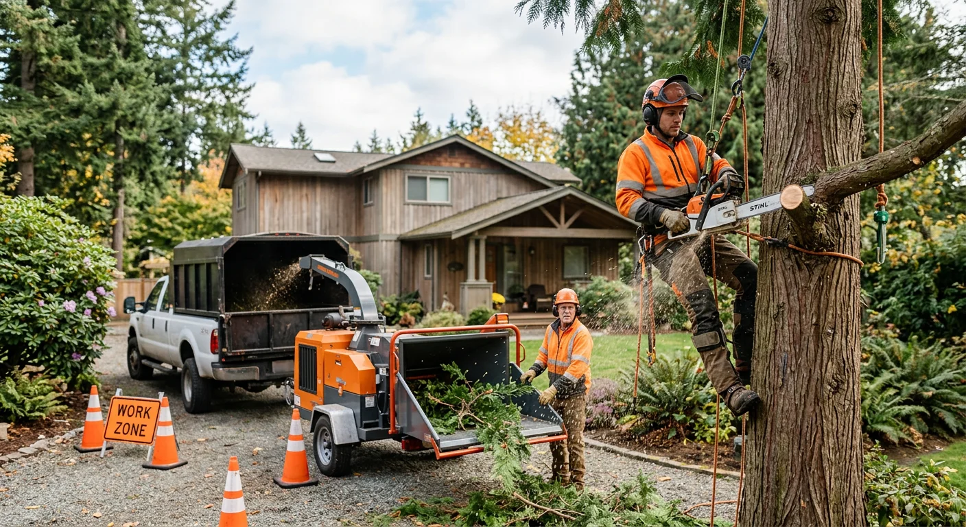 Leaning storm-damaged fir near a home flagged for crane removal in Mill Creek