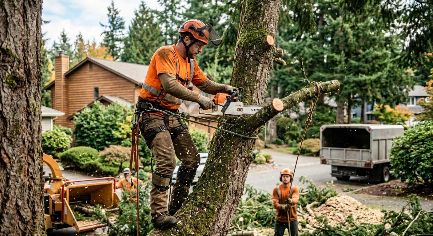 Crane crew rigging a large trunk section for controlled removal in Mill Creek