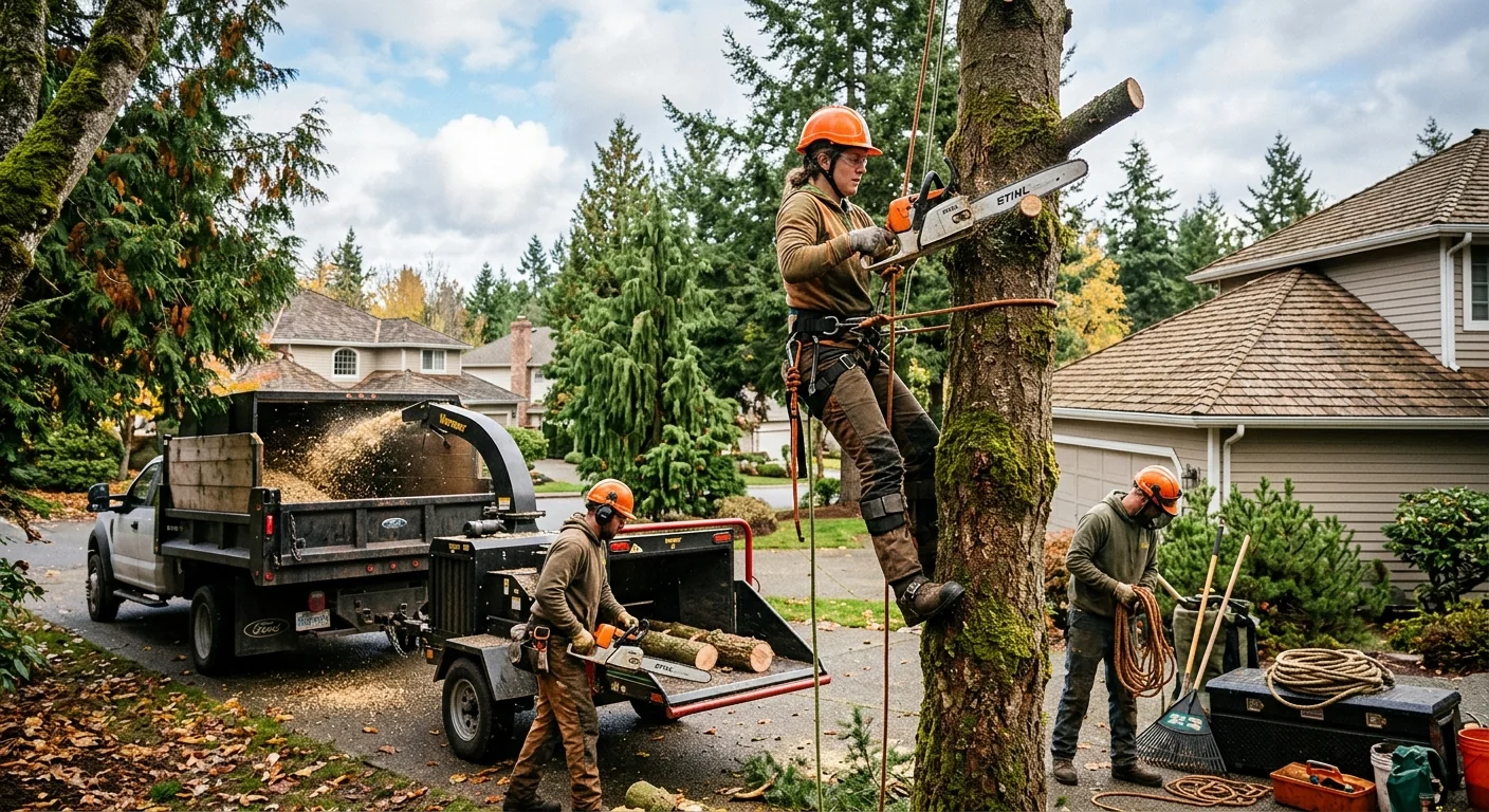 Crew assessing storm-damaged tree near a Mill Creek home