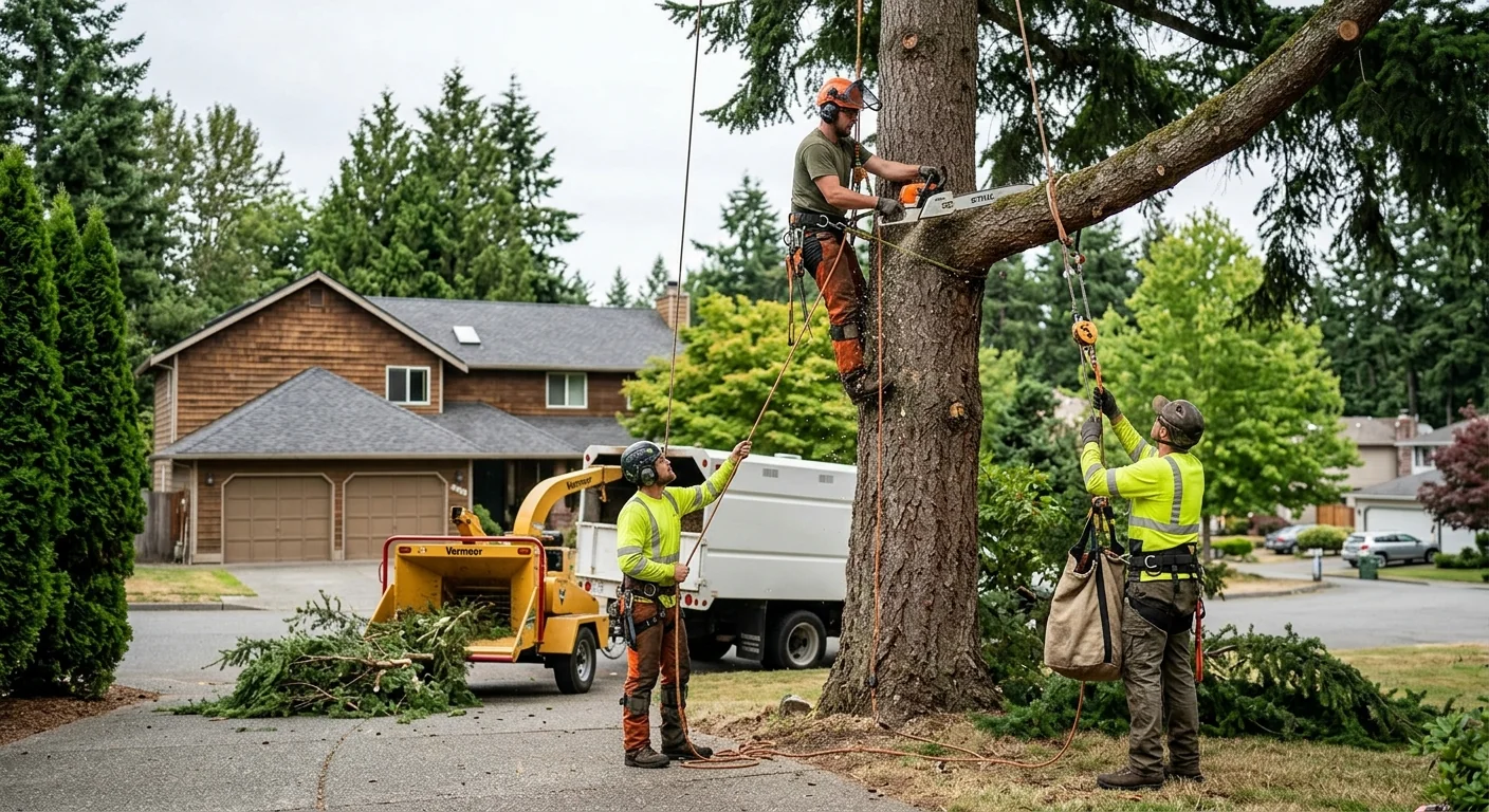 Tree crew clearing storm-damaged trunk from a Mill Creek yard at dusk