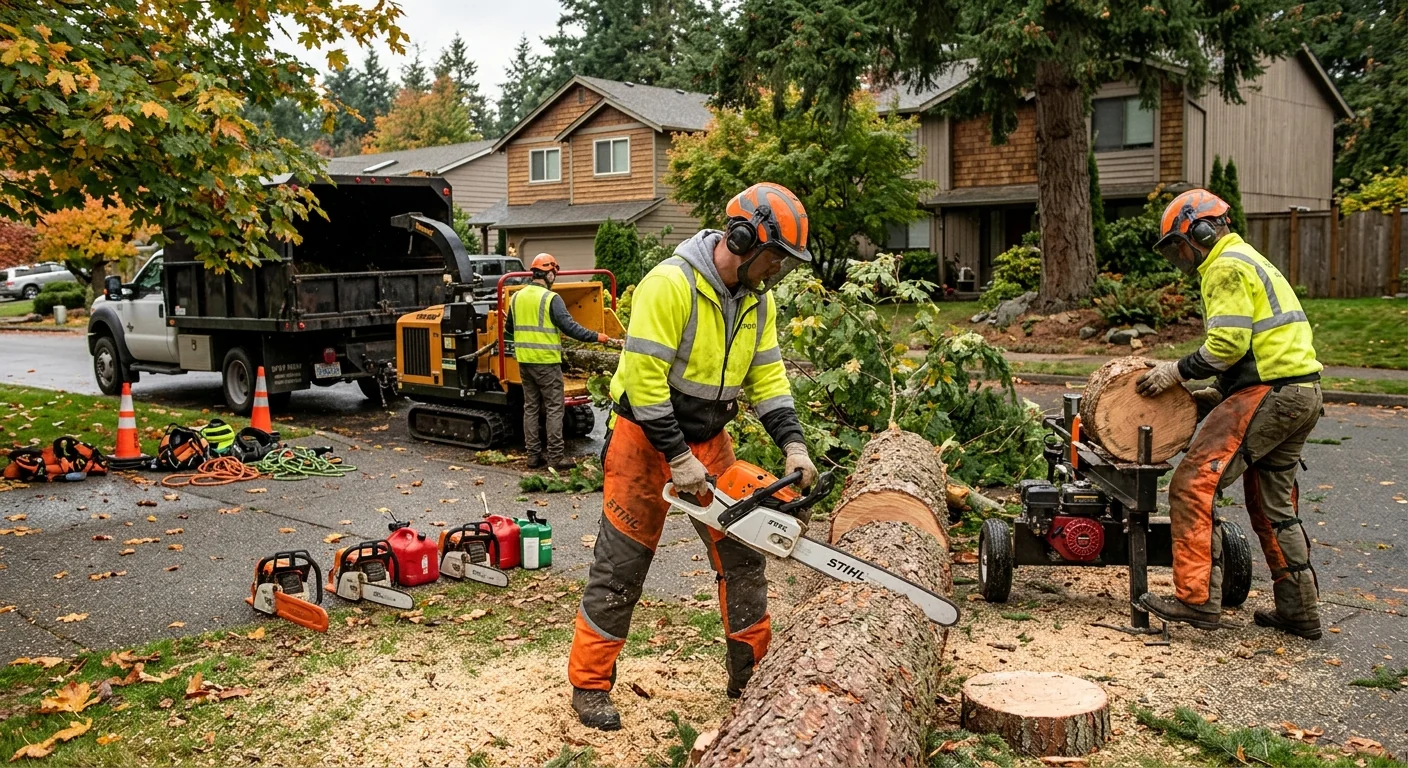 Crew removing a storm-fallen tree from a Mill Creek residential yard