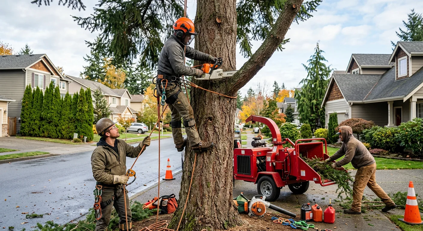 Emergency tree crew rigging a leaning trunk after a Mill Creek storm