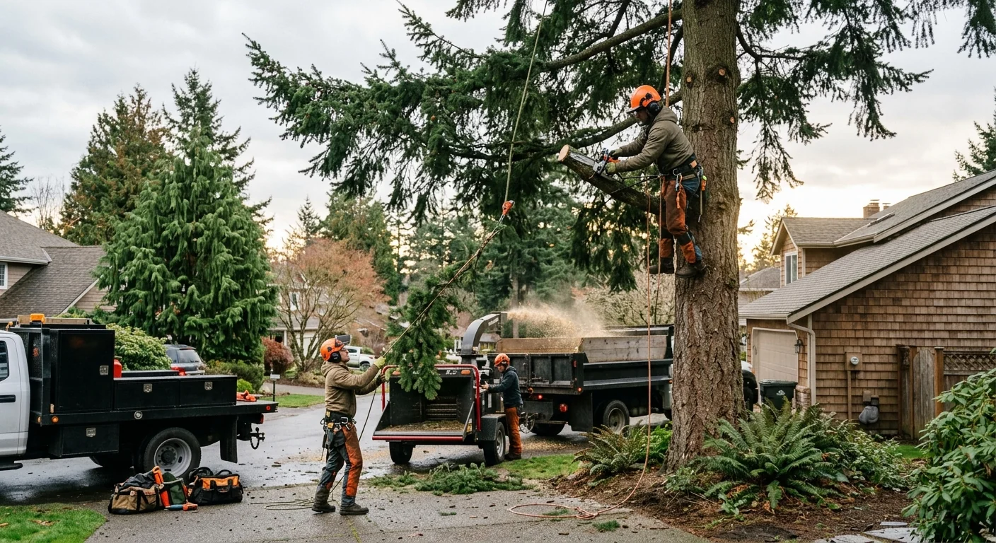 Crew assessing a leaning hazardous tree beside a Mill Creek home