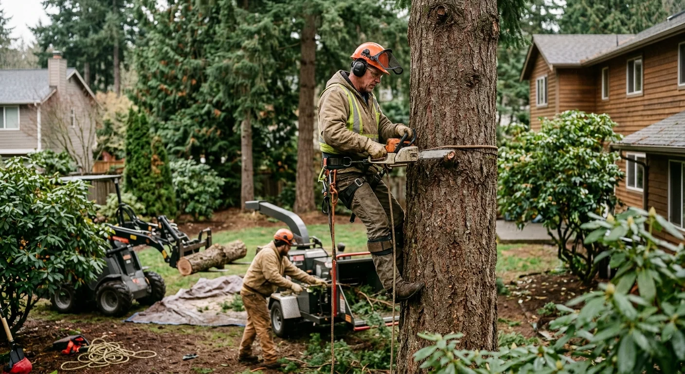 Crew removing a hazardous leaning tree near a home in Mill Creek