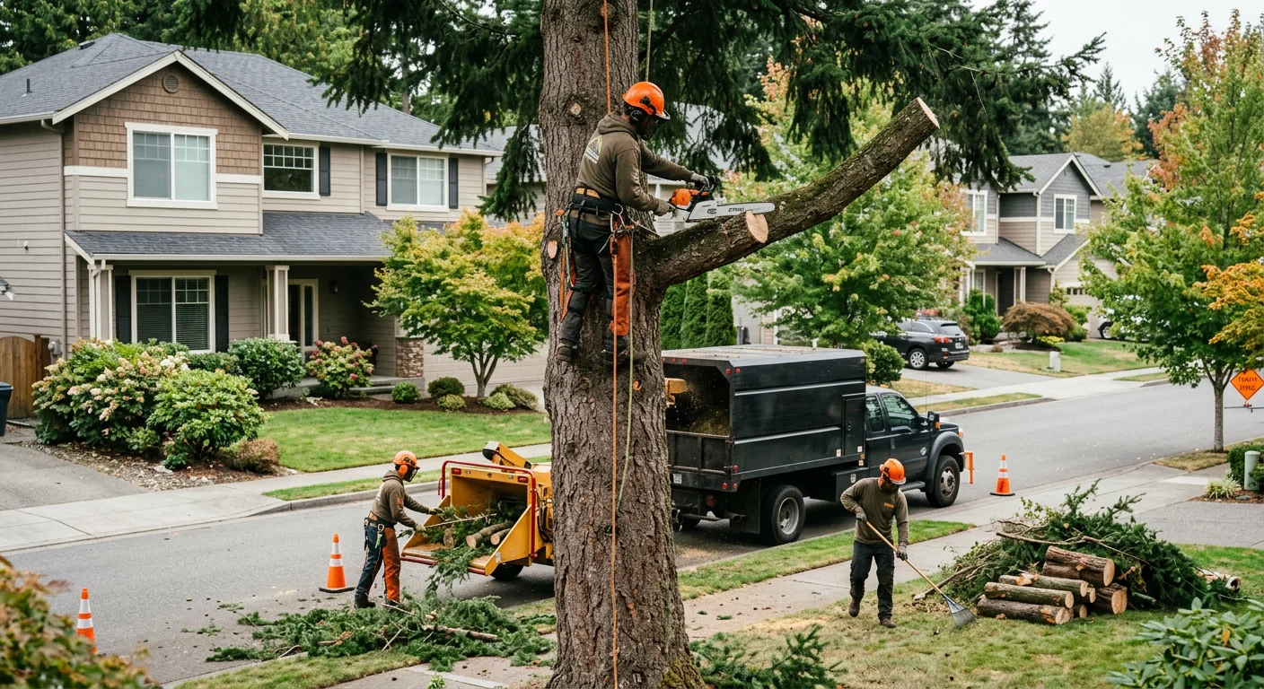 Arborist rigging a leaning tree for controlled removal near a Mill Creek home