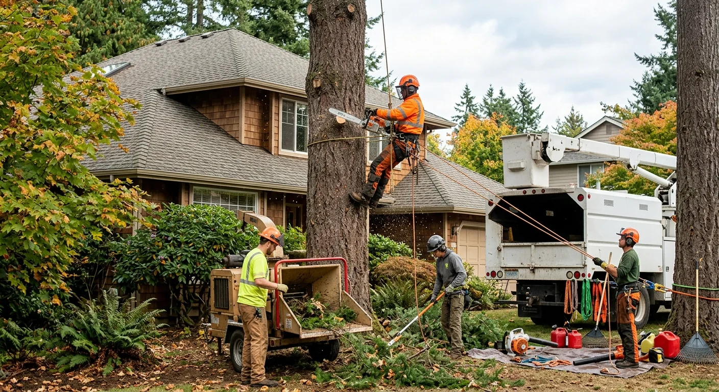 Crane-assisted controlled dismantling of a hazardous tree near a Mill Creek residence