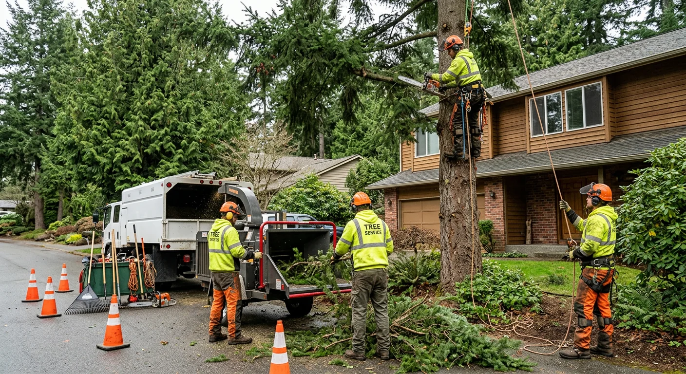 Crew clearing brush and stumps from a wooded lot in Mill Creek