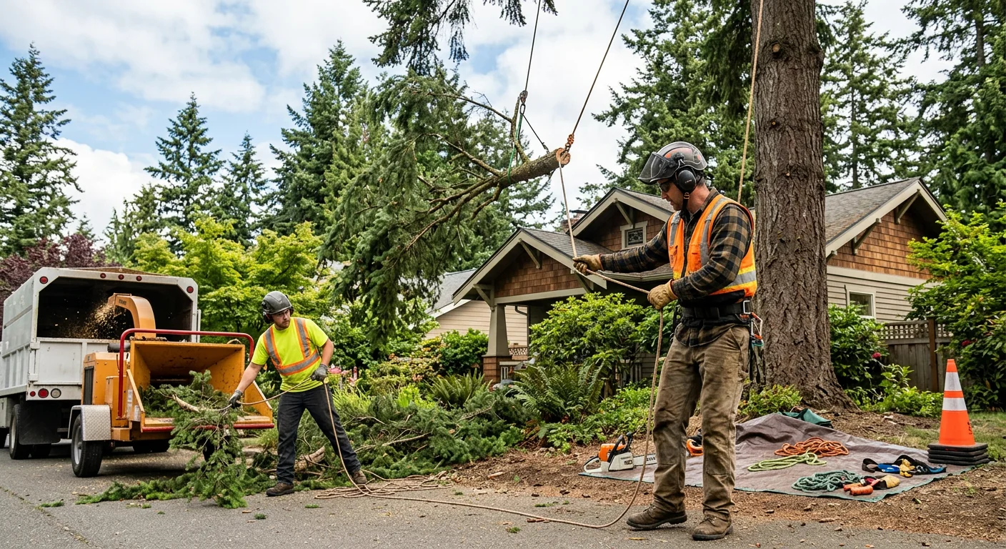 Crew clearing storm-downed tree debris from a residential yard