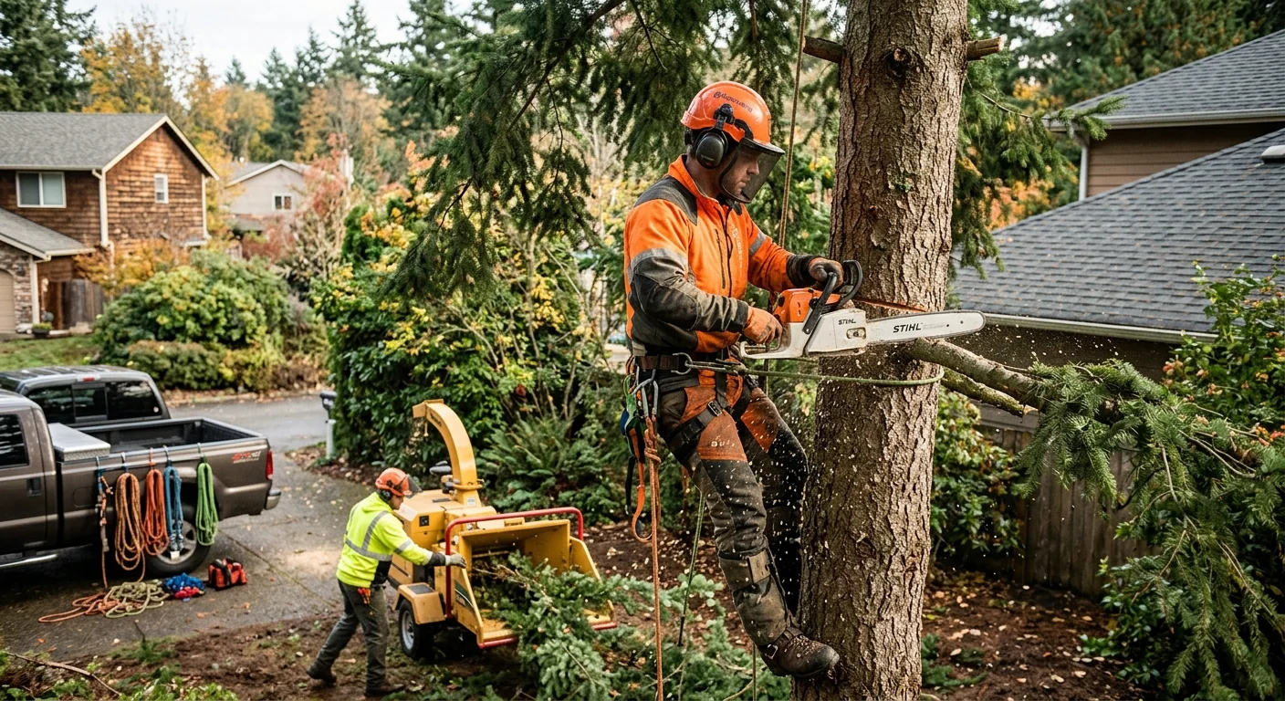 Crew clearing storm-damaged trees from a Mill Creek yard after heavy winds