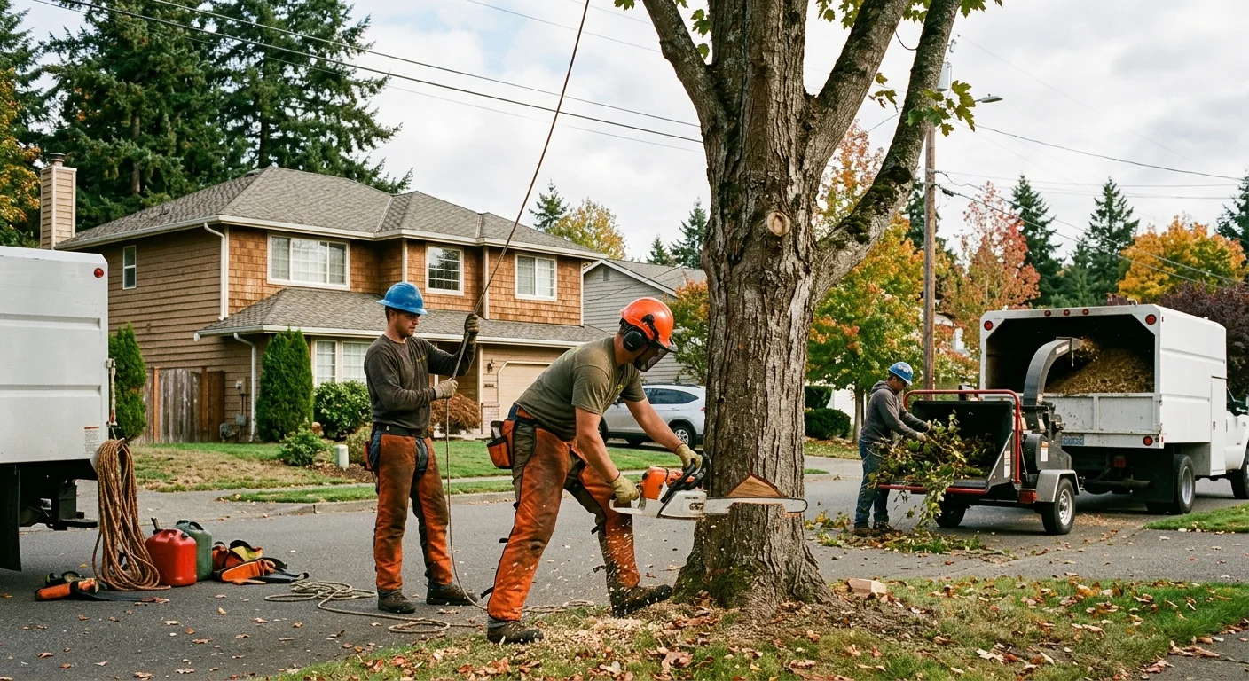 Crew clearing storm-downed tree limbs from a Mill Creek residential yard