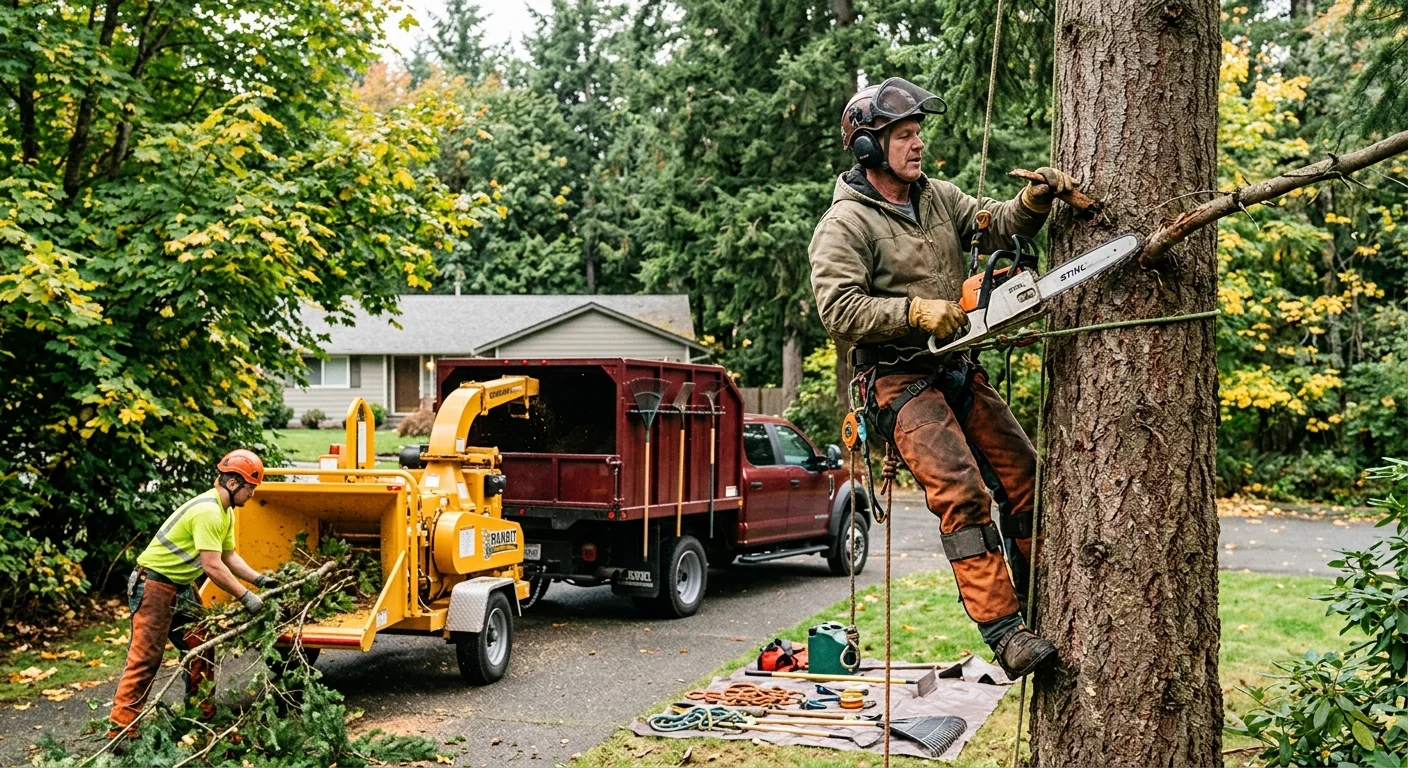 Tree crew rigging and lowering storm-damaged limbs near a Mill Creek home