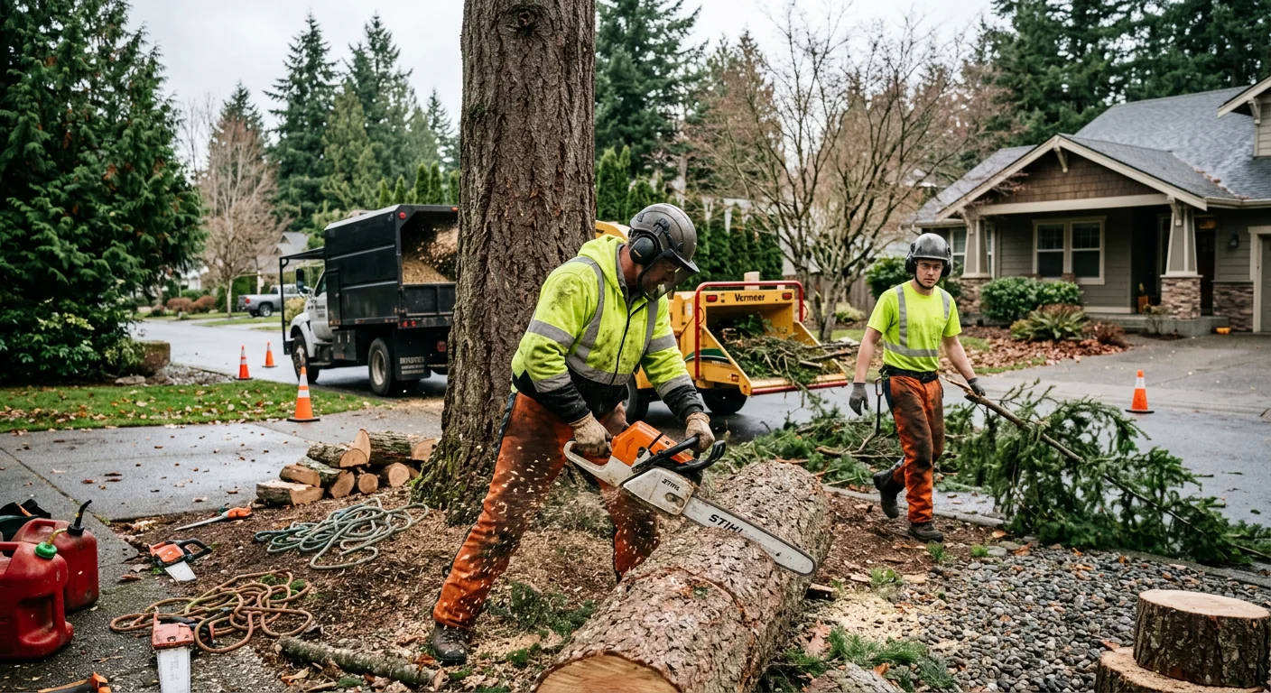 Stump grinder cutting through a wide tree stump in a residential yard