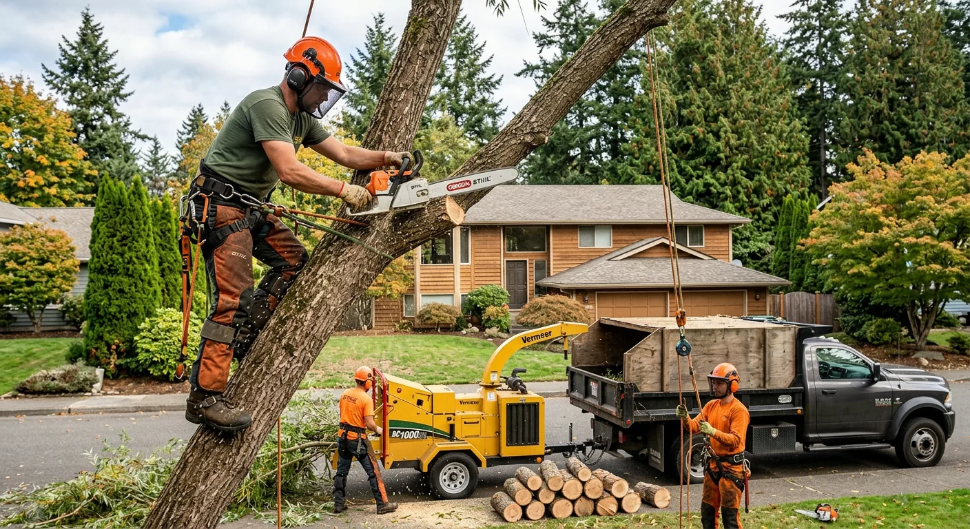 Stump grinder clearing a backyard stump on a Mill Creek property