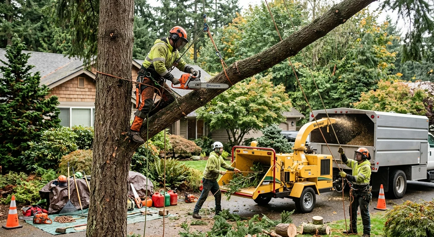 Stump grinder chipping a tree stump below grade on a Mill Creek residential lot