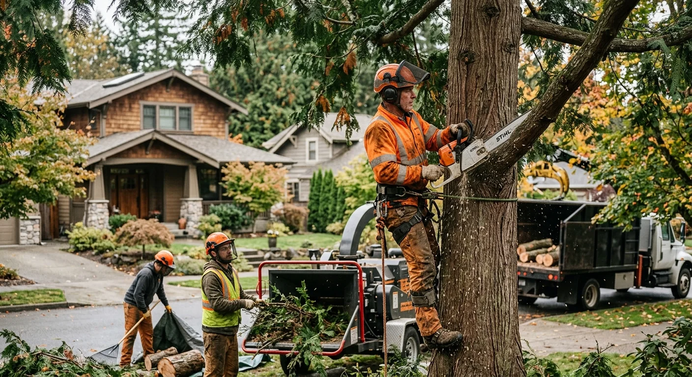 Tree crew grinding a stump below grade and clearing wood chips from a Mill Creek yard