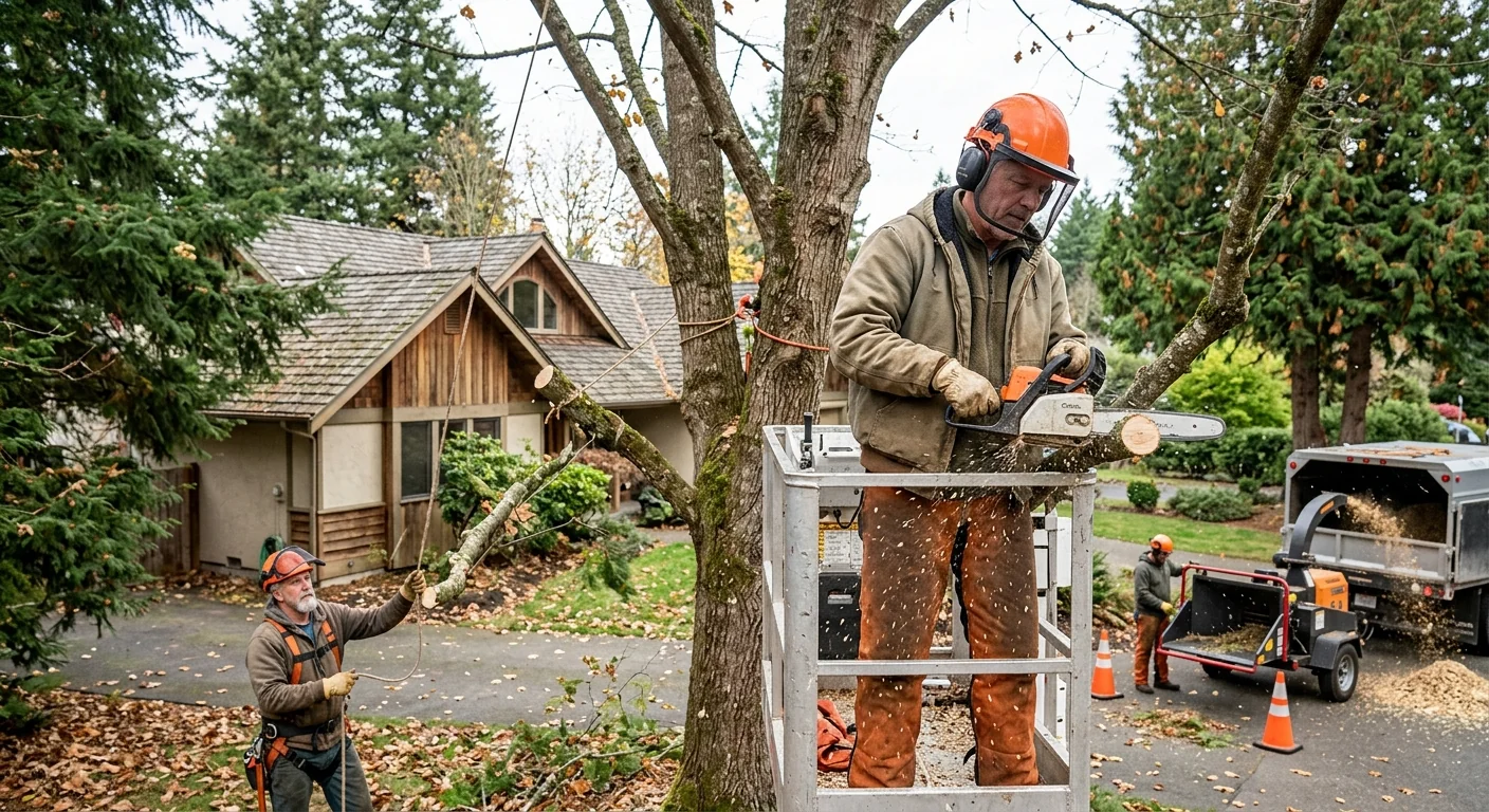 Arborist installing steel support cable in a mature tree in Mill Creek