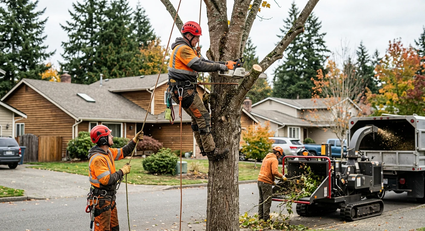 Arborist installing support cable high in a mature tree canopy in Mill Creek