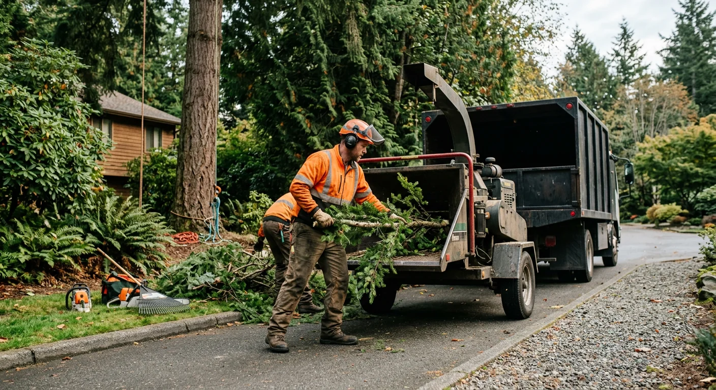 Arborist bracing a split tree trunk with rated steel hardware in Mill Creek