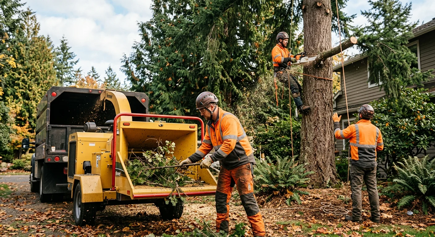 Arborist inspecting canopy health on a mature tree