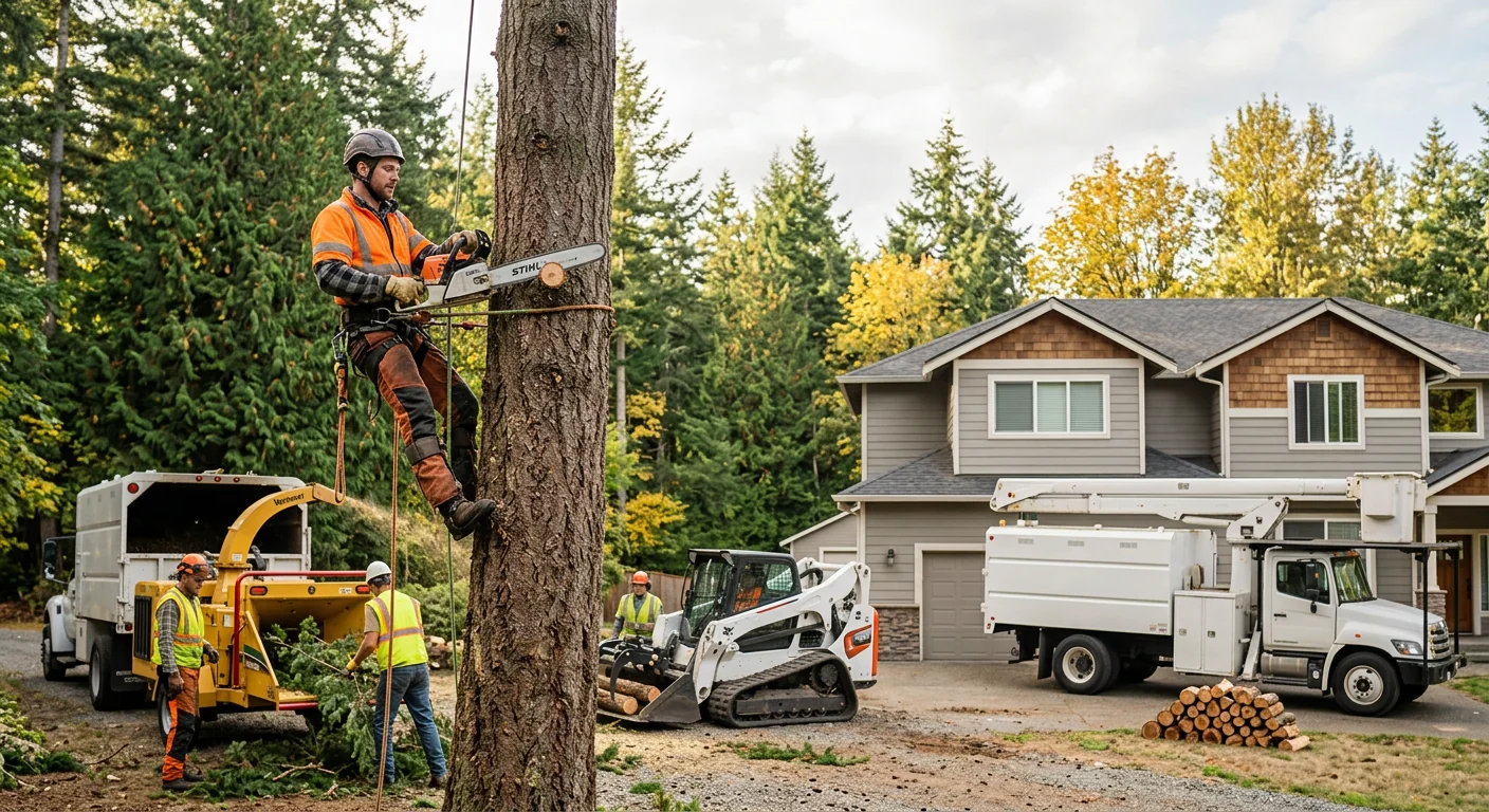 Arborist inspecting tree canopy health during maintenance visit in Mill Creek
