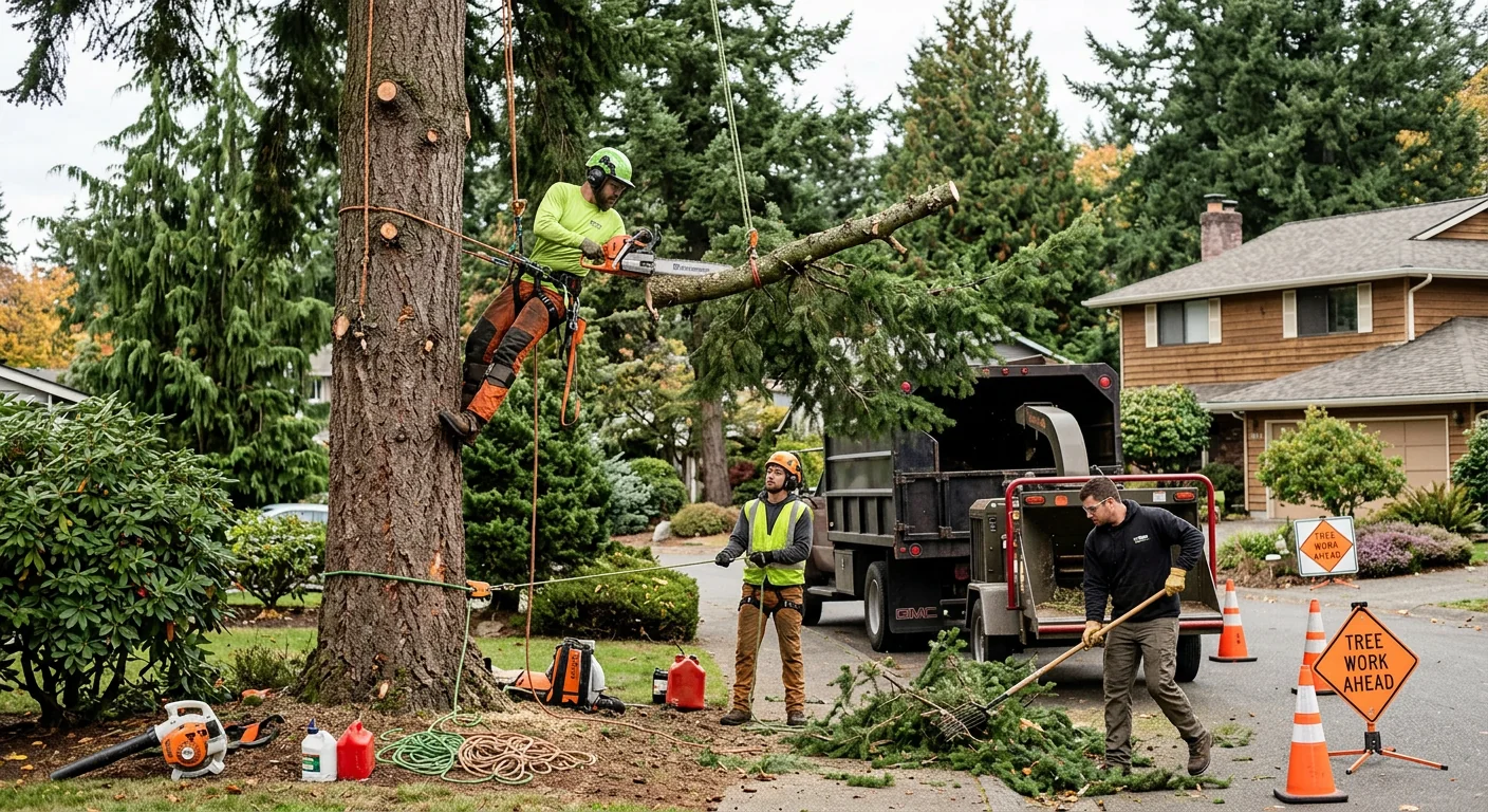 Arborist inspecting canopy and pruning a mature tree on a Mill Creek property