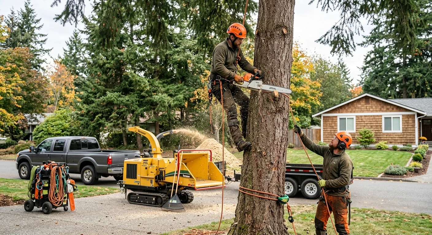 Mill Creek crew pruning and inspecting a mature residential tree for long-term health