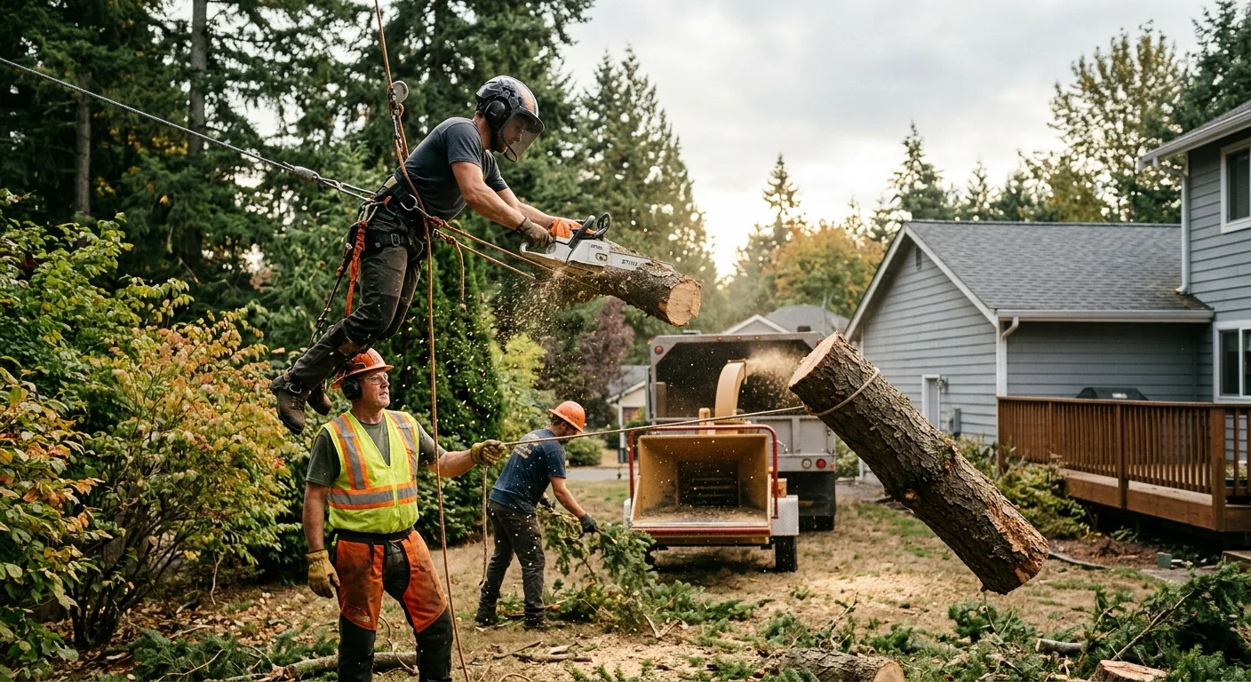 Crew setting a balled tree into fresh soil on a Mill Creek property