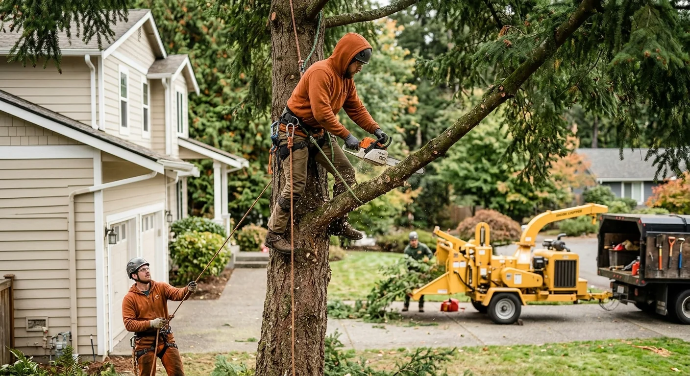 Crew setting a young tree with staking and mulch on a Mill Creek property