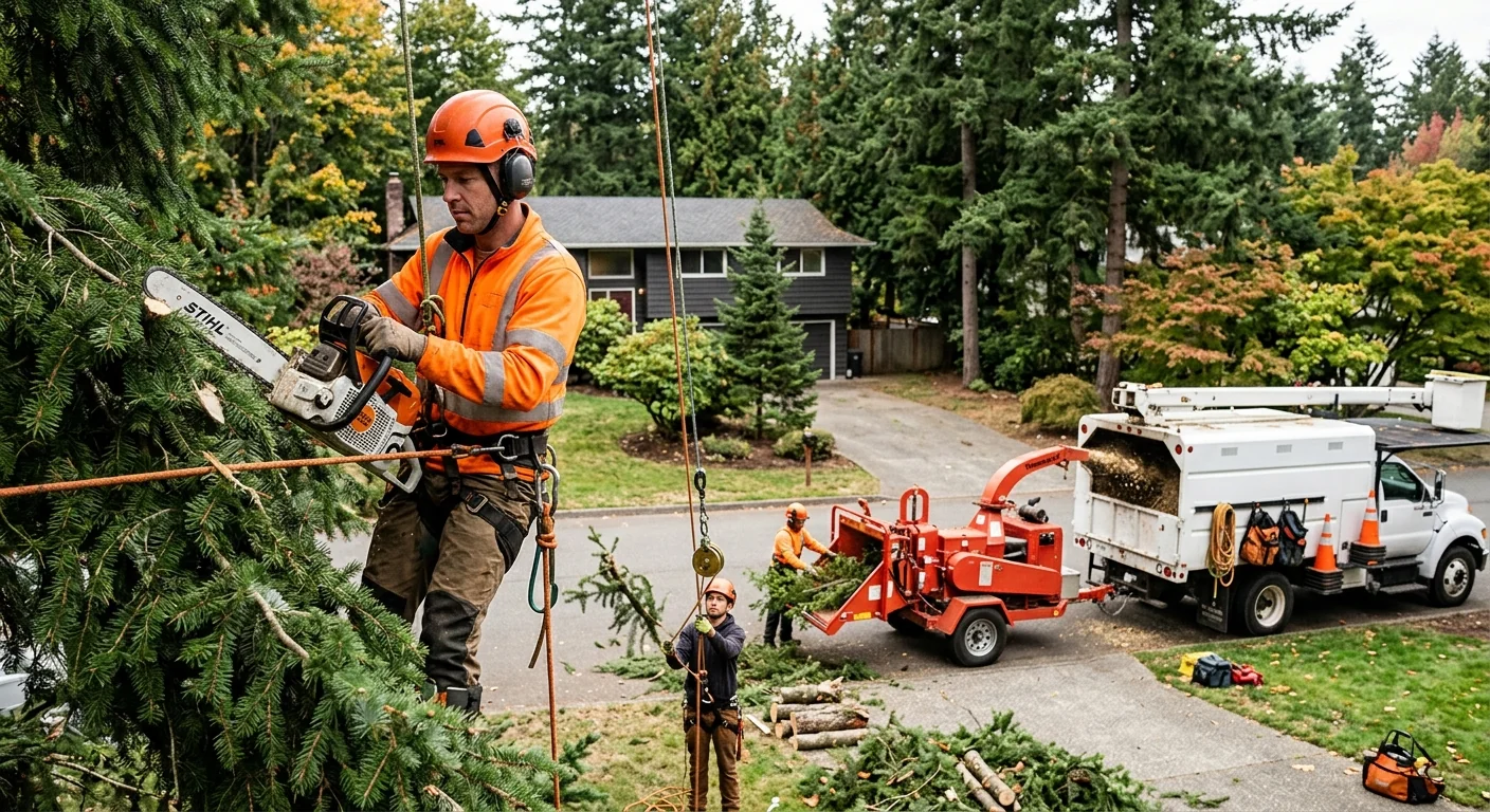 Tree service crew staking newly planted trees along a Mill Creek yard in autumn conditions