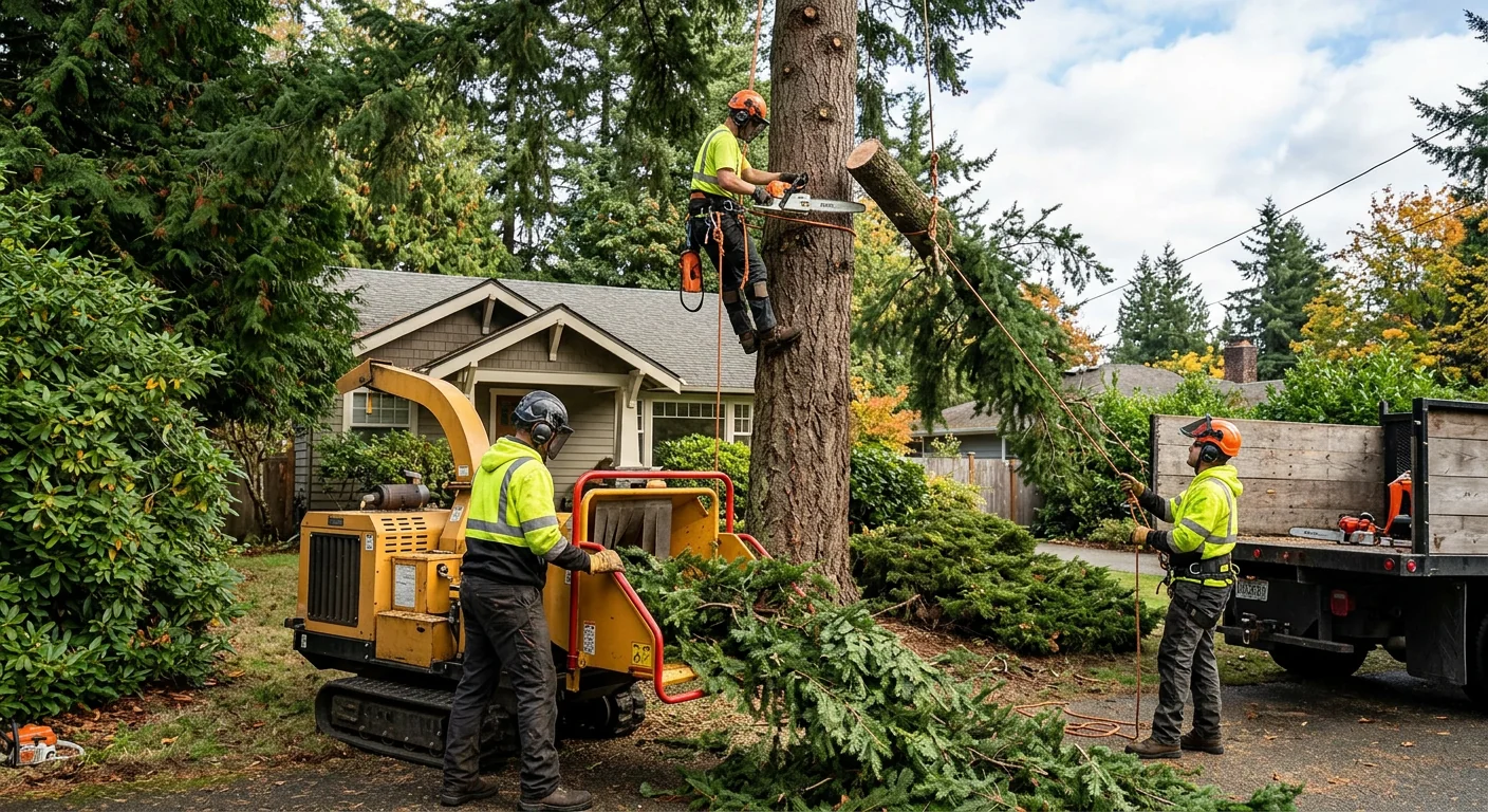 Arborist pruning tall maple canopy over a Mill Creek backyard