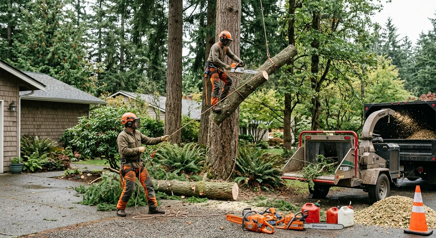 Arborist pruning branches from a mature tree in a Mill Creek yard