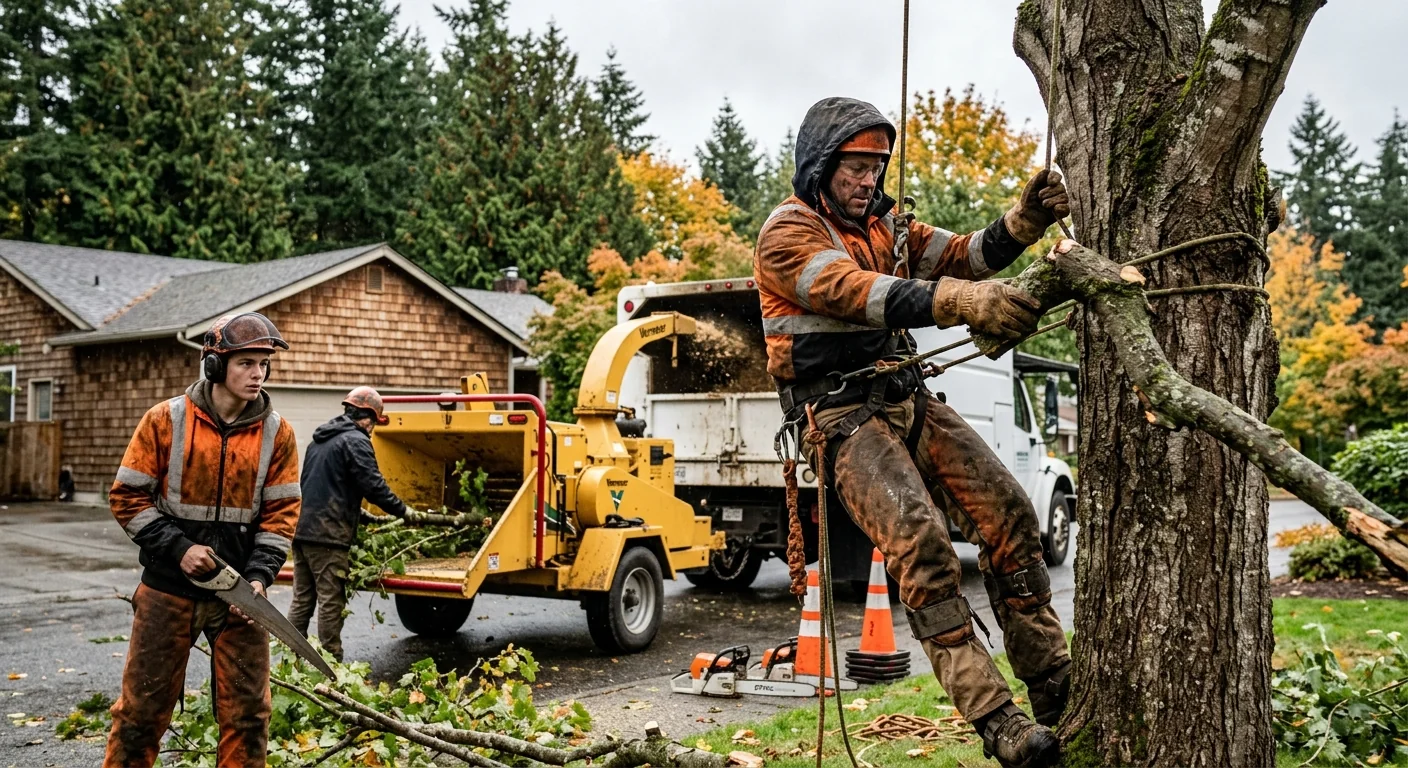 Arborist making a clean pruning cut on a tall fir in a Mill Creek yard