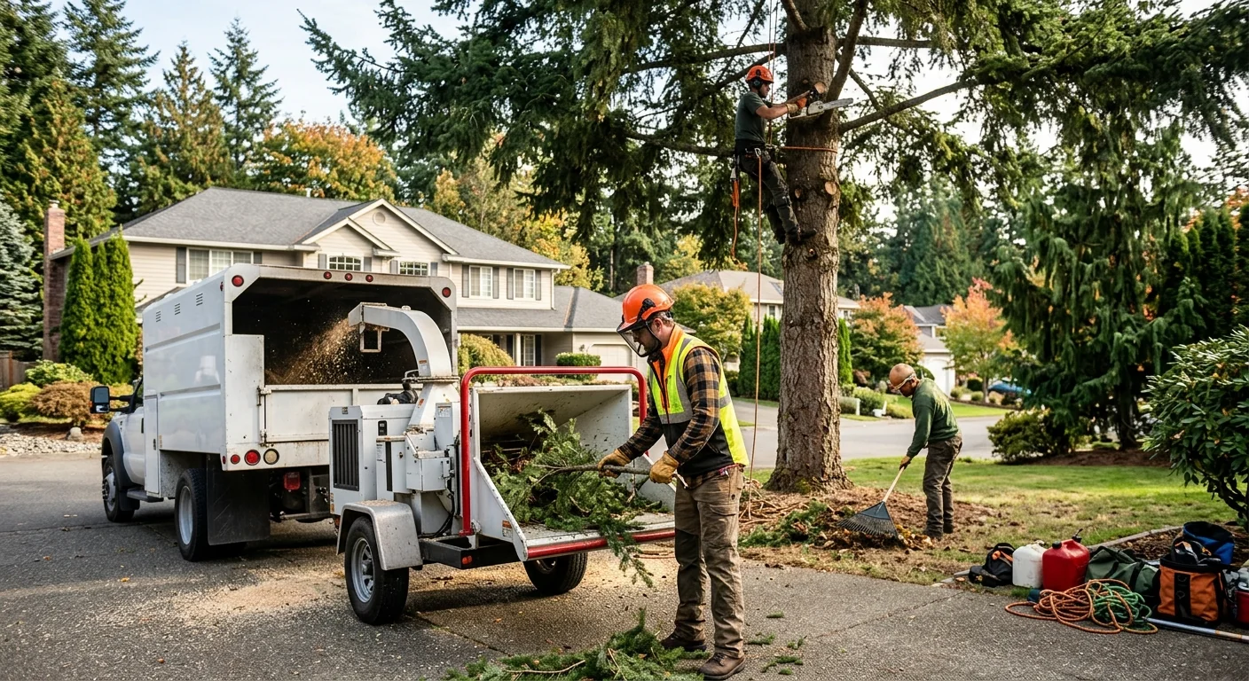Overgrown tree canopy with deadwood and crossing limbs before pruning work