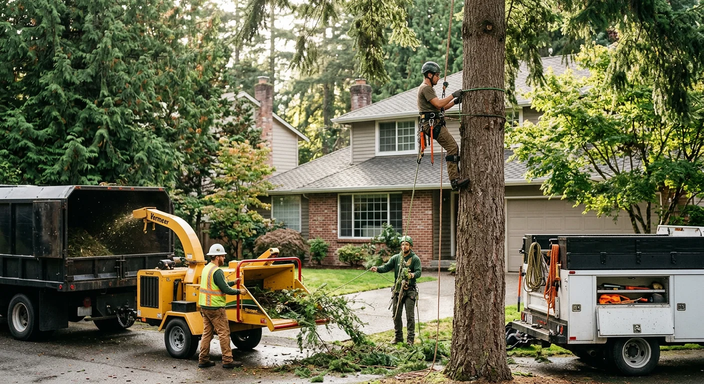 Tree pruning crew making clean directional cuts on a mature Mill Creek shade tree