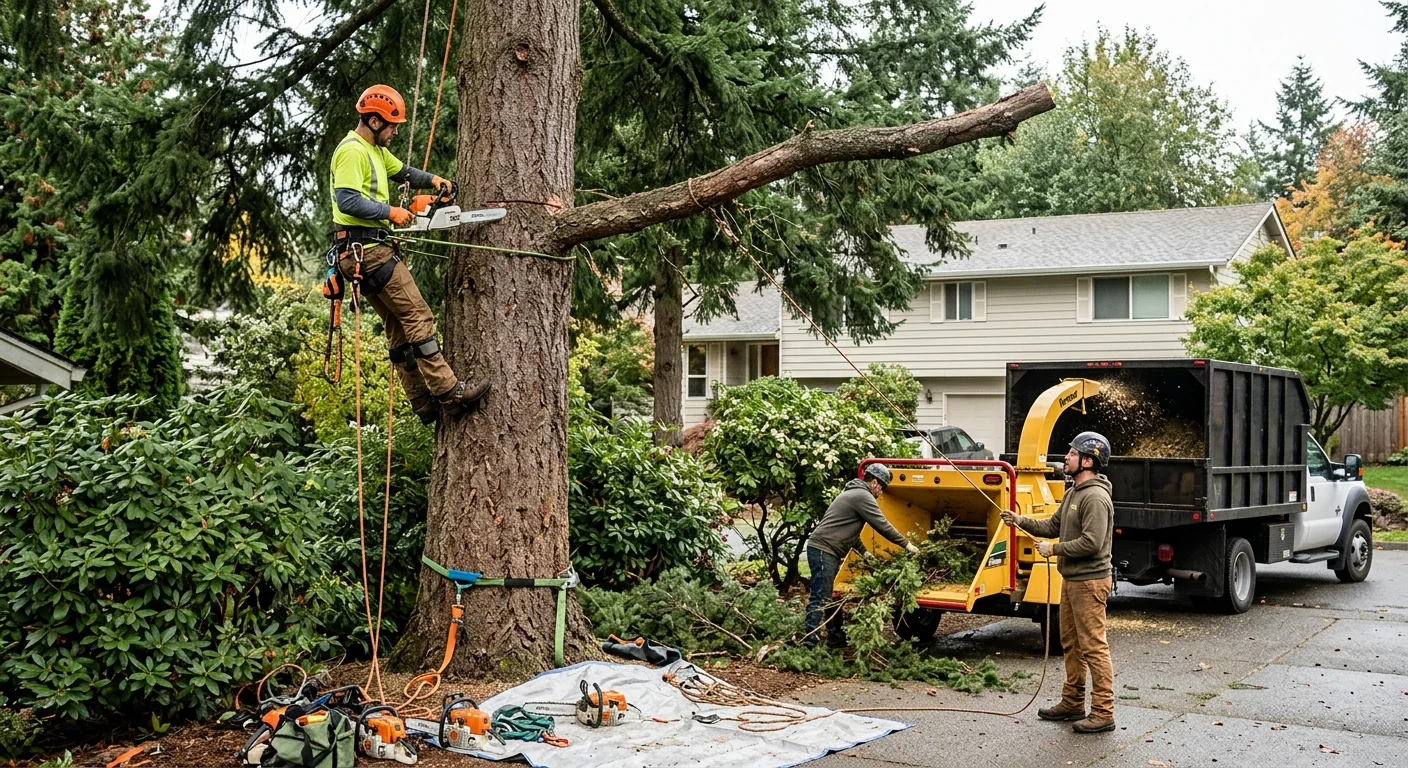 Crew rigging a large tree for removal in a Mill Creek yard