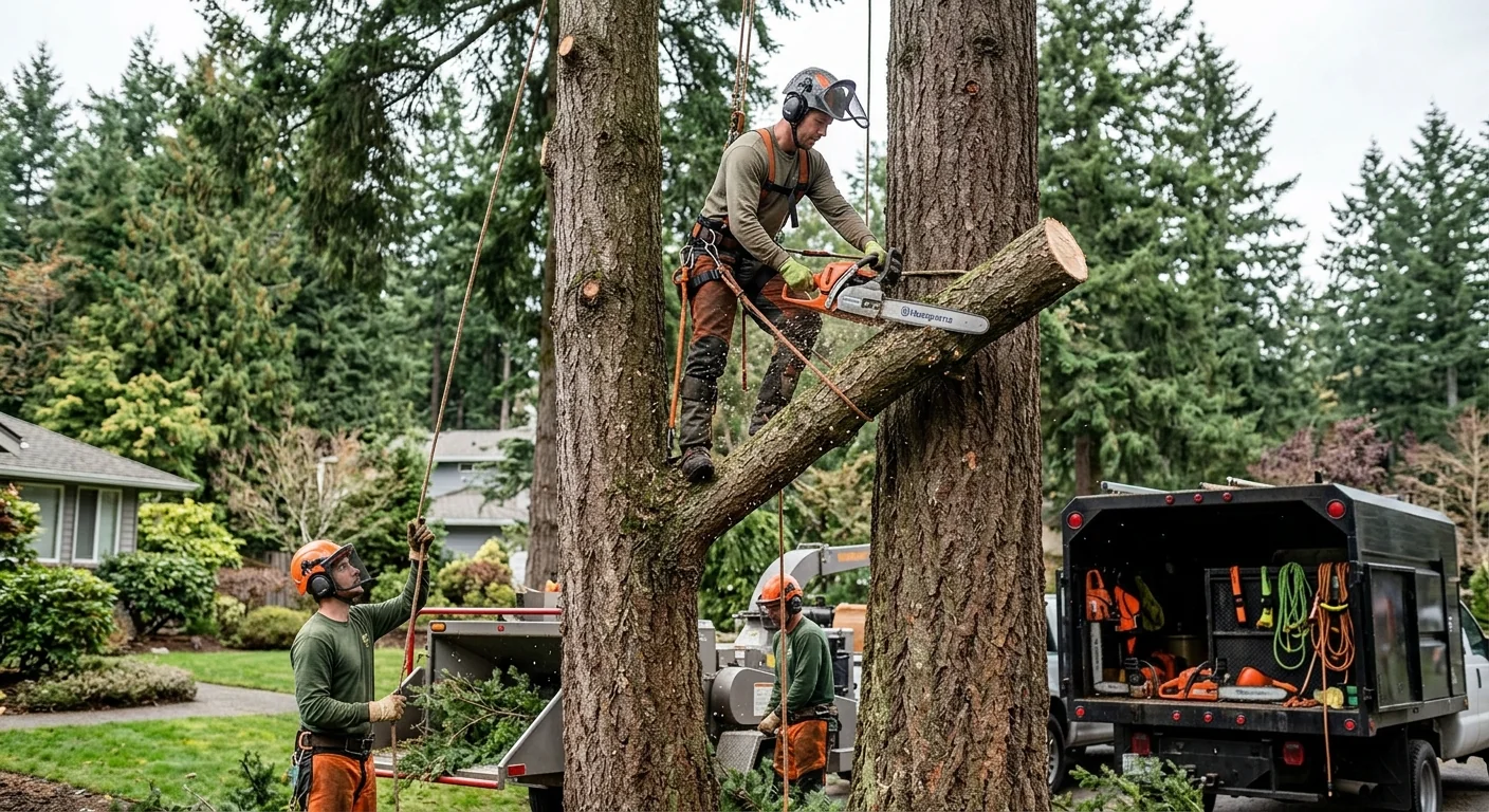 Crew performing sectional tree removal on a wooded residential lot in Mill Creek