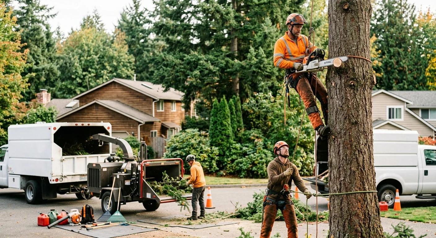 Arborist inspecting a mature tree trunk for decay in a Mill Creek yard