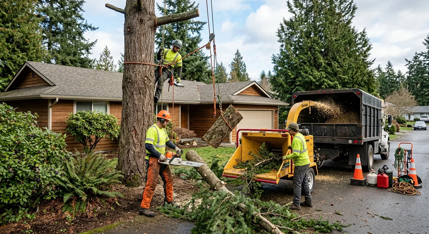 Arborist inspecting a large tree trunk for structural defects in Mill Creek