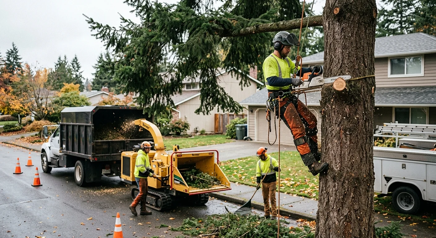 Arborist inspecting a mature conifer trunk for decay on a Mill Creek residential property