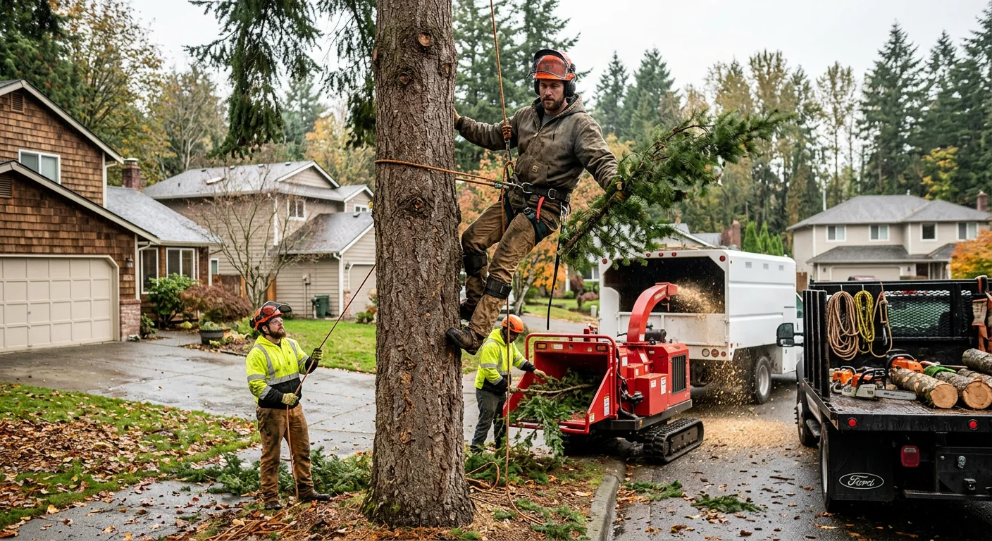 Leaning storm-damaged tree with visible root heave near a Mill Creek home