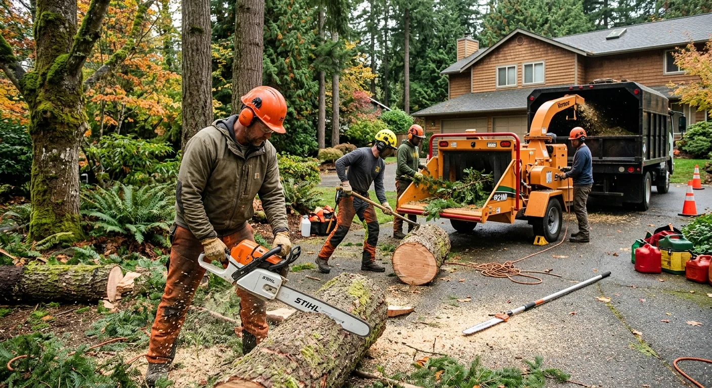 Tree crew reviewing a written risk assessment report beside a large tree in Mill Creek