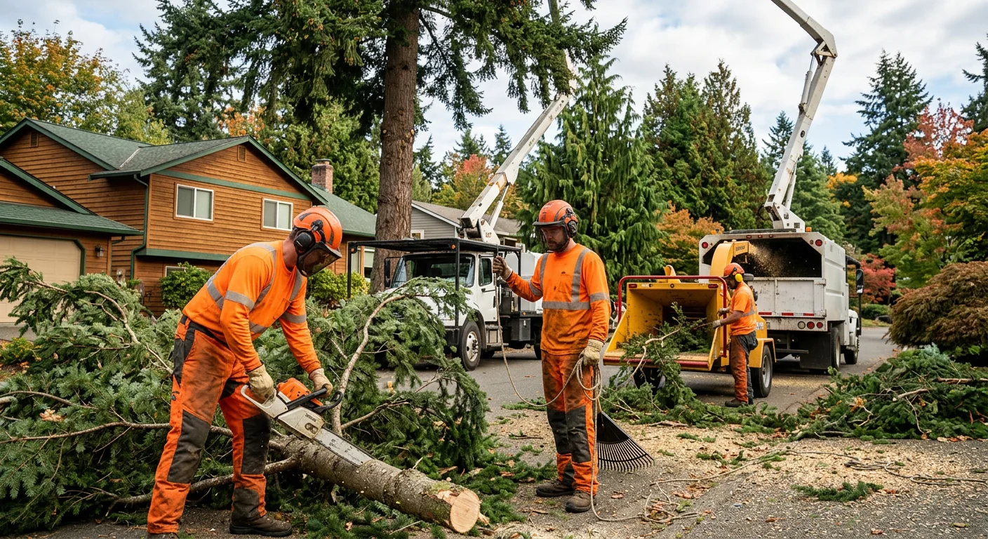 Tree crew rigging down a large conifer on a Mill Creek residential lot