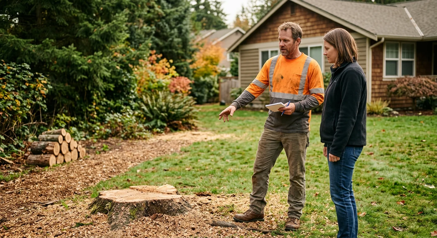 Worker completing a post-job walkthrough after tree removal on a residential property