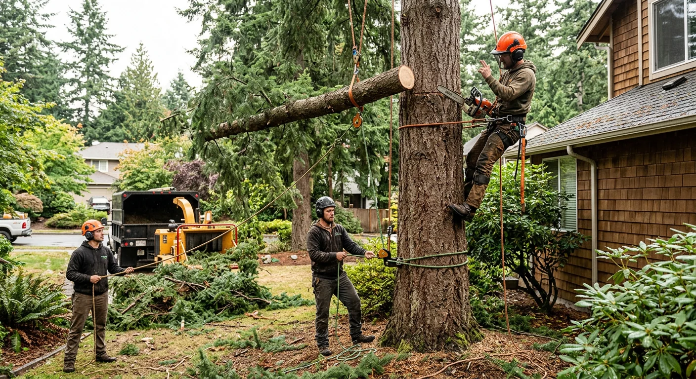 Tree service crew removing a large conifer beside a Mill Creek home