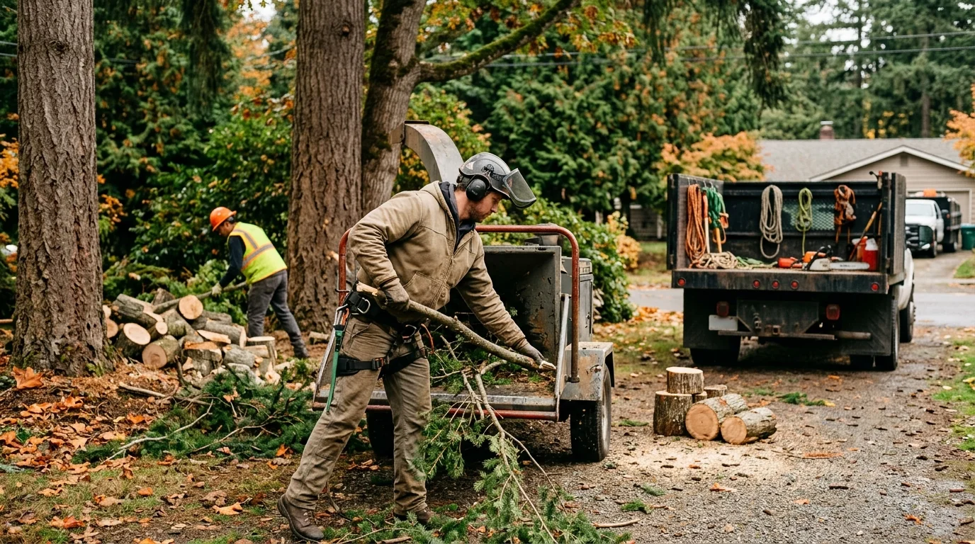 Stump grinder clearing a removed tree base in a Mill Creek yard